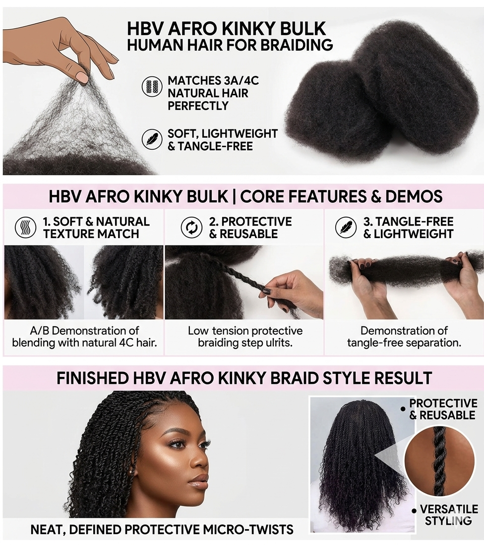 Soft afro kinky bulk human hair texture for braiding